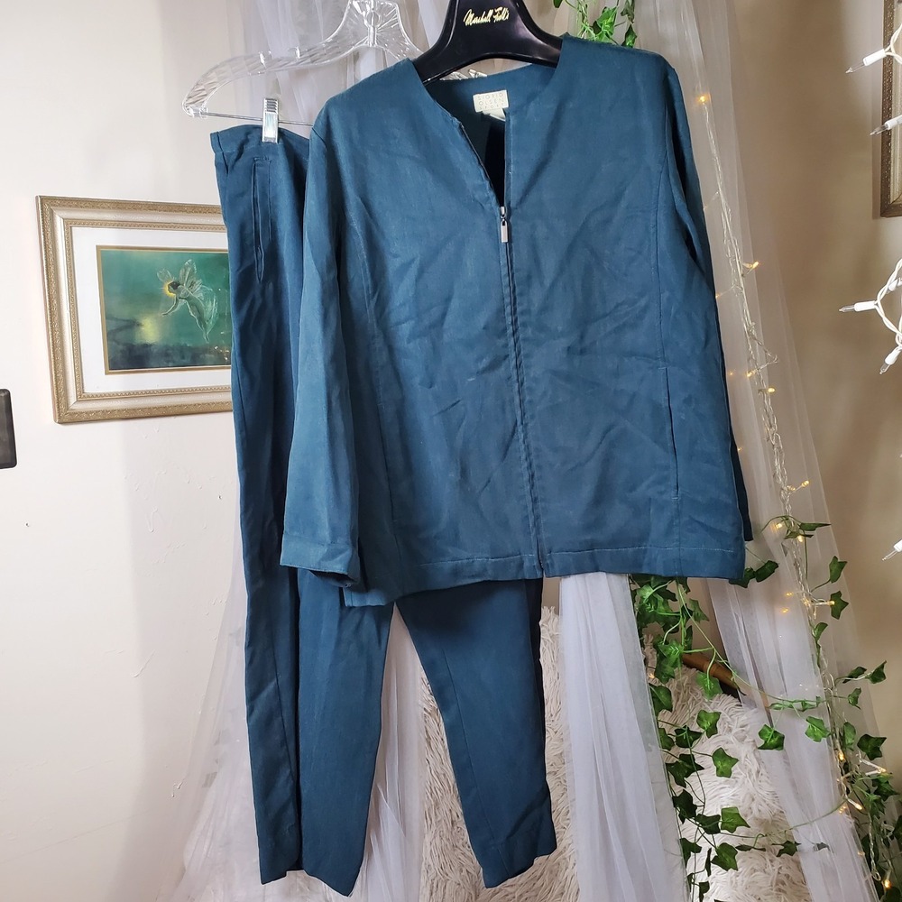 Sigrid Olsen 80s Turquoise Activewear Pants Suit Size L Teal Full Zip 2 Pc Set
